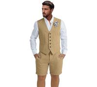 Dsteng Herren-Leinenanzug, 2-teilig, Kurze Anzüge für Herren, lässig, Sommer, Strand, Hochzeit, Anzug, Leinenweste, Shorts-Set, Khaki, 4XL