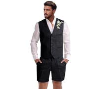 Dsteng Herren-Leinenanzug, 2-teilig, Kurze Anzüge für Herren, lässig, Sommer, Strand, Hochzeit, Anzug, Leinenweste, Shorts-Set, Schwarz, L