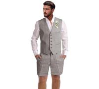 Dsteng Herren-Leinenanzug, 2-teilig, kurze Anzüge für Herren, lässig, Sommer, Strand, Hochzeit, Anzug, Leinenweste, Shorts-Set, GRAU, XL