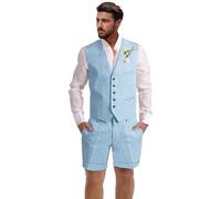 Dsteng Herren-Leinenanzug, 2-teilig, Kurze Anzüge für Herren, lässig, Sommer, Strand, Hochzeit, Anzug, Leinenweste, Shorts-Set, Hell, blau, XL