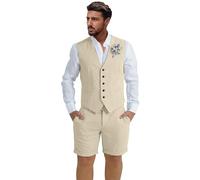 Dsteng Herren-Leinenanzug, 2-teilig, Kurze Anzüge für Herren, lässig, Sommer, Strand, Hochzeit, Anzug, Leinenweste, Shorts-Set, Champagner, M