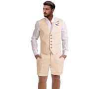 Dsteng Herren-Leinenanzug, 2-teilig, kurze Anzüge für Herren, lässig, Sommer, Strand, Hochzeit, Anzug, Leinenweste, Shorts-Set, champagnerfarben, L