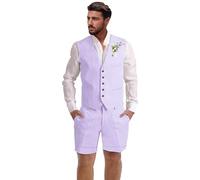Dsteng Herren-Leinenanzug, 2-teilig, kurze Anzüge für Herren, lässig, Sommer, Strand, Hochzeit, Anzug, Leinenweste, Shorts-Set, Lavendel, M