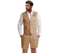 Dsteng Herren-Leinenanzug, 2-teilig, kurze Anzüge für Herren, lässig, Sommer, Strand, Hochzeit, Anzug, Leinenweste, Shorts-Set, Khaki, 5XL