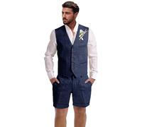 Dsteng Herren-Leinenanzug, 2-teilig, kurze Anzüge für Herren, lässig, Sommer, Strand, Hochzeit, Anzug, Leinenweste, Shorts-Set, Marineblau, XX-Large