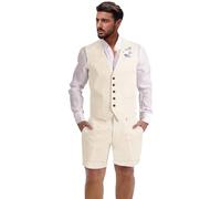 Dsteng Herren-Leinenanzug, 2-teilig, Kurze Anzüge für Herren, lässig, Sommer, Strand, Hochzeit, Anzug, Leinenweste, Shorts-Set, Beige, XL