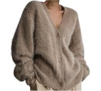 DSXH Damen Strickjacke, flauschig, Knopfleiste, langärmelig, V-Ausschnitt, pelziger Pullover, Mantel, lockere Strickjacke, Outwear（Farbe：Hellbeige, Größe：XL）