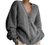 DSXH Damen Strickjacke, flauschig, Knopfleiste, langärmelig, V-Ausschnitt, pelziger Pullover, Mantel, lockere Strickjacke, Outwear（Farbe：Grau, Größe：S）