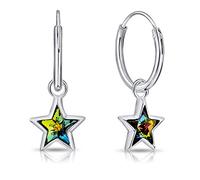 DTPsilver® KLEINE Creolen Ohrringe 925 Sterling Silber mit Baumeln Swarovski® Elements Kristall Stern - Dicke 1.5 mm - Durchmesser 14 mm - Stern Durchmesser: 7 mm - Farbe : Vitrail Medium