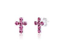 DTPsilver® Kleine Ohrringe 925 Sterling Silber - Kreuz und Glitzernde Österreichischer Kristalle Ohrstecker - Maße: 8 x 10 mm - Farbe : Fuchsie
