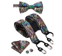 Dubulle Herren-Hosenträger und vorgebundene Fliege, Set mit Einstecktuch, Y-Form, verstellbare Hosenträger, Buntes grünes Paisleymuster, M