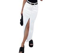Dubute Damen Jeansrock mit Schlitz, Midi-Jeansrock, Stretch, hohe Taille, Jeansrock mit Taschen, weiß, M