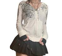 Dubute Frauen Y2K Hoodies Punk Jacke Mantel Streetwear Goth Harajuku Zip Up Hooded Sweatshirt (White, M)