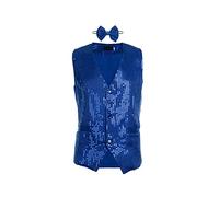 Dubute Glänzende Pailletten-Anzugweste für Herren, V-Ausschnitt, einfarbig, Glitzer-Weste mit Fliege für Party, Club, blau, XL