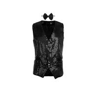 Dubute Glänzende Pailletten-Anzugweste für Herren, V-Ausschnitt, einfarbig, Glitzer-Weste mit Fliege für Party, Club, Schwarz , L