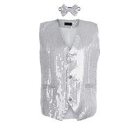 Dubute Glänzende Pailletten-Anzugweste für Herren, V-Ausschnitt, einfarbig, Glitzer-Weste mit Fliege für Party, Club, silber, L