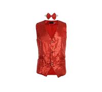 Dubute Glänzende Pailletten-Anzugweste für Herren, V-Ausschnitt, einfarbig, Glitzer-Weste mit Fliege für Party, Club, rot, XL