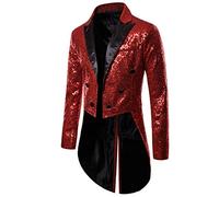 Dubute Smokingjacke Herren Schwalbenschwanz Glänzende Pailletten Blazer Anzug Jacke Slim Fit Party Magic Show Frack Cosplay Kleid Blazer Mäntel, rot, 52