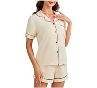 Dünn Zweiteiliger Sommer Schlafanzug Damen Kurz Herz Druck Nachtwäsche Pyjama Set Frauen Sommer Kurzarm Reverakragen Hemd und Shorts Elegante 2 Teiliger Hausanzug mit Knöpfe