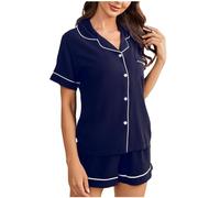 Dünn Zweiteiliger Sommer Schlafanzug Damen Kurz Herz Druck Nachtwäsche Pyjama Set Frauen Sommer Kurzarm Reverakragen Hemd und Shorts Elegante 2 Teiliger Hausanzug mit Knöpfe