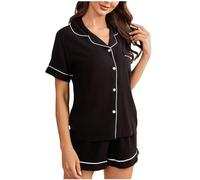 Dünn Zweiteiliger Sommer Schlafanzug Damen Kurz Herz Druck Nachtwäsche Pyjama Set Frauen Sommer Kurzarm Reverakragen Hemd und Shorts Elegante 2 Teiliger Hausanzug mit Knöpfe