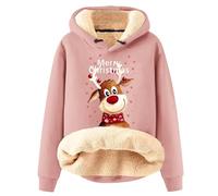 Dünne Fleecejacke Damen Weihnachts Druck Warme Top Teddyfleece-Sweatshirt Mit Halbem Reißverschluss Pullover Für Damen Basic Sweatshirts Kuschelige Pullover Damen Thermo Fleece Hoodie（1-Pink，M）