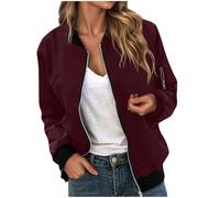 Dünne Jacke Damen, Bomberjacke Damen Kurze Blouson Jacke Casual Reißverschluss Pilotenjacke Langarm Outwear Zip Up Solid Color Leichte Coat Sweatjacke, DunkelRot, M