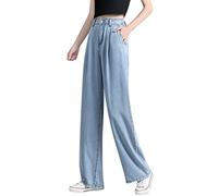 DüNne ommer-Jeans Damen-Denim-Hosen mit weitem Bein Damen-elastische hohe Taillen-dünne Drapierungs-Frühlings- lose gerade Hosen-Jeans-Hose HüFthose Damen eiß (A, L)