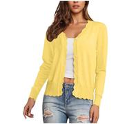 Dünne Strickjacke Damen Damen Strickjacke mit V-Ausschnitt & Knopfleiste - Lange Ärmel, Rippstrick & Scallop-Details, Leicht & Locker - Cardigan für Freizeit & Büro Gelb