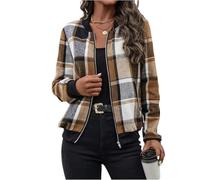 Dünne Übergangsjacke Damen Karierte Pilotenjacke Kurz Sportjacke mit Zipper Casual Blouson Jacke Outdoor Winterjacke Xs-Xxl XS A Khaki