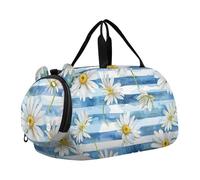 Duffle Bag für Jungen oder Mädchen mit Schuhfach, Blau gestreift Gänseblümchen Blumen Sport Reisetasche Übernachtung