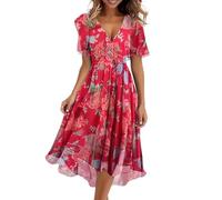 DUHGBNE Kleider Große Größen, V Ausschnitt Boho Kleid Elegant Sommerkleider Leicht Und Luftig Kleider Sommer Midikleid Kurzarm Midi Partykleid, Monatsabrechnungen Anzeigen