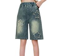 DUHGBNE Mädchen Schlaghose Jeans, Baggy Jeans Kinder, Baggy Jeans Shorts Mädchen Denim Kurze Hosen Sommer Jorts Stretch Kinder Y2K Sommerhose Elastische Taille Kurz Jeanshose Weites Bein Teenager