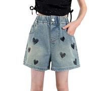 DUHGBNE Mädchen Schlaghose Jeans, Mädchen Cargohosen, Baggy Jeans Shorts Denim Kurze Hosen Sommer Jorts Stretch Kinder Y2K Sommerhose Elastische Taille Kurz Jeanshose Weites Bein Jeansshorts Teenager