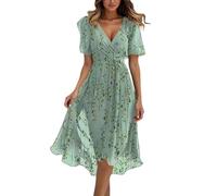 DUHGBNE Tenniskleid Damen, Lange Kleider Für Hochzeit, V Ausschnitt Boho Kleid Elegant Sommerkleider Leicht Und Luftig Kleider Sommer Midikleid Kurzarm Midi Partykleid, Bestellungen 2025