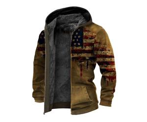 DUHGBNE Übergangsmantel Herren Herbst Winter Jacke Mens American Flag Print Hoodie Fleece Coat Herren Strickjacke Lang