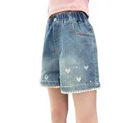 DUHGBNE Wide Leg Jeans Mädchen, Baggy Hosen Mädchen, Baggy Jeans Shorts Denim Kurze Hosen Sommer Jorts Stretch Kinder Y2K Sommerhose Elastische Taille Kurz Jeanshose Weites Bein Jeansshorts Teenager