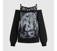 Dunkel mysteriösche Katze, kahler Baum, Fledermaus Silhouette Muster Spitze Patchwork locker gestrickter Pullover mit schräger Schulter Langarm