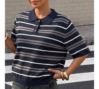 Dunkelblau gestreiftes Damen-Stricktop mit Polokragen und kurzen Ärmeln