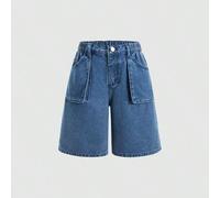 Dunkelblaue gewaschene Denim-Bermuda-Shorts für Tween-Mädchen, bequem und modisch, lässiger Vintage-Stil aus dunkelblauem gewaschenem Denim-Stoff, mit