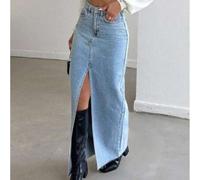 Dunkelblauer langer Maxi-Denim Rock aus Stretch-Denim mit Schlitz, Slim Fit, normale Taille, für Damen