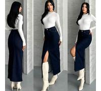 Dunkelblauer langer Maxi-Denim Rock mit Stretch, Schlitz, Slim Fit und normaler Taille für Damen