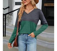Dunkelgrünes Damen V-Ausschnitt Color-Block Longarm-Shirt XXL, Casual & Elegant