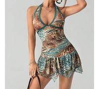 Dunkelgrünes Sommerkleid im Boho-Stil (Y2K-Retro) mit Spitzen-Patchwork, Leoparden-, Schlangen- und Zebramuster, schmal geschnittenem V-Ausschnitt, as