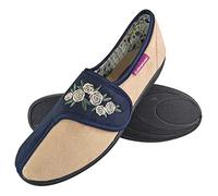 DUNLOP - Damen Memory Foam Frottee Hausschuhe Klettverschluss mit Blumen für Senioren (36 EU, Navy Cream)