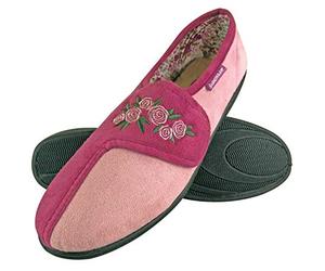 DUNLOP - Damen Memory Foam Frottee Hausschuhe Klettverschluss mit Blumen für Senioren (38 EU, Dusky Pink)