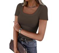 DUOEASE Damen Tshirt Kurzarm Casual Stretch Leicht T Shirt Sommer Elegant U Ausschnitt Top Slim Fit Gerippt Knit Oberteile Damen (Kaffee M)