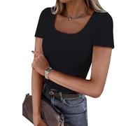 DUOEASE T Shirt Damen Kurzarm Slim Fit U Ausschnitt Top Sommer Basic Einfarbig Schwarzes Tshirt Damen Sommer Gerippt Knit Oberteile M