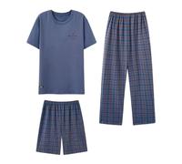 DuomaiJJ Schlafanzug Herren kurz DREI-teiliger Pyjama-Herren-Sommer-Baumwoll-kurzärmel-Shorts Hosen Dünne, Lockere, Lässige Größe Großer Größe-blau-3xl