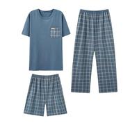 DuomaiJJ Schlafanzug Herren kurz DREI-teiliger Pyjama-Herren-Sommer-Baumwoll-kurzärmel-Shorts Hosen Dünne, Lockere, Lässige Größe Großer Größe-blau Blau-XL